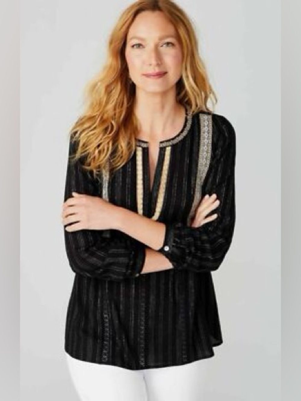 J. Jill Embroidered Peasant Blouse Long Sleeve Striped Black Tan Boho Top Sz L